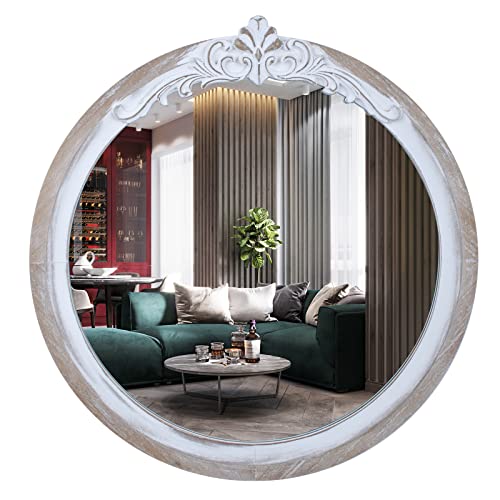 Reflinto24'' Wooden Circle Mirror Decorative Wall Mirrors, Farmhouse Round Mirrors for Wall Decor Distressed Accent Mirrors for Bedroom, Nursery, Bedroom, Entryway, Living Room Hanging Mirror