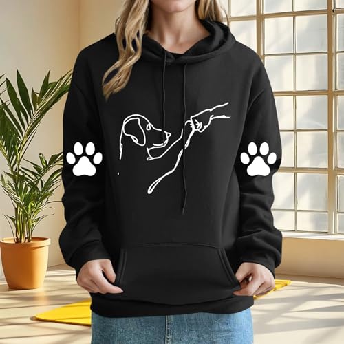 KOG Hoodie für Damen Baumwolle Sweatshirt mit Kapuze Hunde-Drucken Hoodies 2025 Hooded Sweatshirt Frau Oberteile Casual Pullover Mode Frauen Elegante Locker Oberteil Bekleidung Schwarz L
