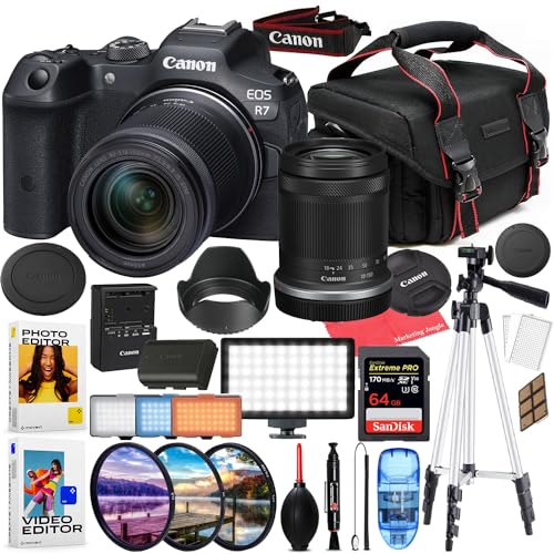 Canon EOS R7 Mirrorless Camera with 18-150mm Lens Bundled Kit + Accessory Package with LED Video Light, HD Filters, 64GB Extreme SD, Case, & Editing Software Package (Renewed)