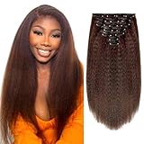 14 Inch Yaki Straight Clip in Hair Extensions, Synthetic 7 PCs Seamless Dark Brown Kinky Straight Clip ins Hair Extension for Black Women(#4)