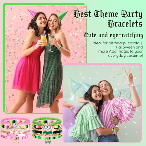 12 Pcs Witch Princess Pink Green Bracelets Friendship Bracelets Preppy Clay Bead BFF Wristbands Bulk for Birthday Party Favor Cosplay Outfit Movie Fans Merch Gifts 6