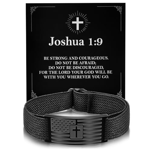 Christian Cross Bracelet for Men American Flag Engarved Bible Verse Inspirational Black Elastic Strap Adjustable Bracelets Jesus Christian Birthday Graduation Gifts for Him