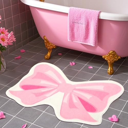 FEBSNOW Pink Bow Bathmat Rugs, Non Slip Coquette Bow Cute Aesthetic Carpet, Cute Room Decor Coquette Rug for Bathroom Bathtub Shower Bedroom and Living Room(27.6 x 21.3 inch)