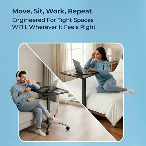 Image of The Sleep Company - AeroMini Electric Height Adjustable Desk | Ergonomic Work from Home Table | 4 Memory Presets | Lockable Wheels | 570 x 500 mm Thick Top | Free Installation | Black & Black