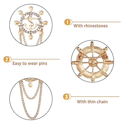 Image of SUPERFINDINGS 8Pcs 2 Style 2 Color Anchor Nautical Brooch Crystal Rhinestone Safety Pin Sailor Style Label Pin Steering Badges Vintage Suit Decaration for Man Woman Wedding Party
