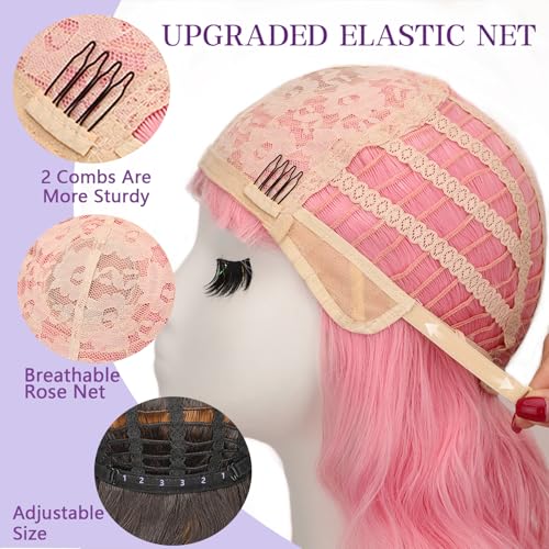 Image of AISI HAIR Curly Bob Wig with Bangs Short Wavy Pink Color Wigs for Women Bob Style Synthetic Heat Resistant Bob Wigs