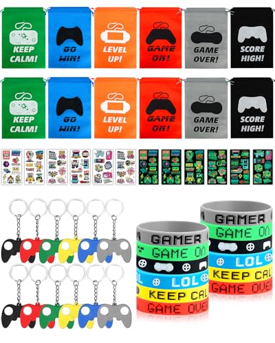 Video Game Party Bag Fillers, 48PCS Gaming Party Favours with Drawstring Bags, Silicone Bracelet, Keychain and Glow Temporary Tattoos, Video Game Birthday Party Supplies for Kids Boys Adult Gamer