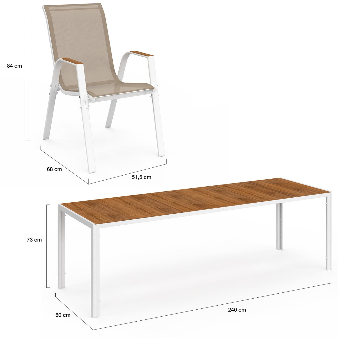 IDMarket - Salon de Jardin NOUMEA Table 240 cm Plateau Verre trempé Effet Bois et 10 chaises empilables Blanc et Bois