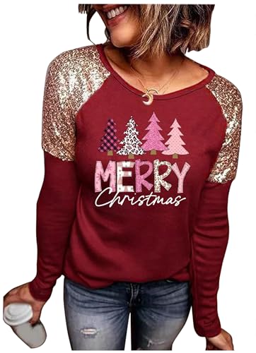 Image of Women Leopard Christmas Trees Snowflake Sequined Splicing Blouse T Shirts Xmas Graphics Print Casual Long Sleeve Tees