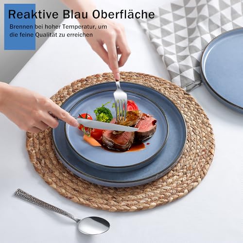 Homikit Geschirr Set 6 Personen, 18-tlg Steinzeug Geschirrset Tafelservice, Reaktive Glasur Müslischüsseln, Dessertteller und Speiseteller, Mikrowellen- und Spülmaschinenfest, Gelassenheit Blau