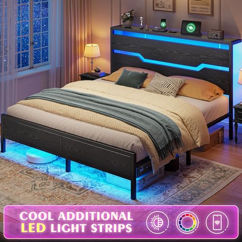 Image of Homkdom Queen Bed Frame with USB Ports & LED Lights, Headboard Shelf, Heavy Duty Metal Platform with 10.24 inch Underbed Storage, Noise-Free Slats, No Box Spring Needed, Modern Black