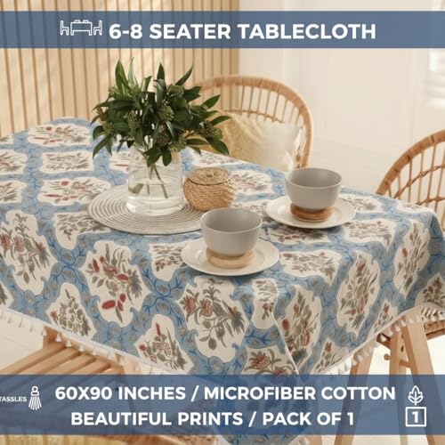 Image of RRC Microfiber Cotton Dining Table Cover 60 x 90 Inch for 6 Seater, Pack of 1 Rectangular Printed Table Cloth with Tassels, Washable Centre Table Cover, Durable & Fade Resistant