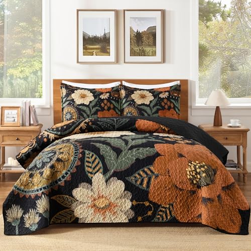 Image of Andency Floral Boho Queen Quilt Bedding Set Brown Black, 3 Pieces Farmhouse Flower Botanical Summer Bedspreads with 2 Shams, Soft Reversible Lightweight Polyester Coverlet Set for All Season, 90 inchx96 inch