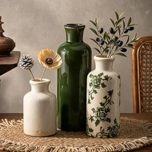 Ceramic Vintage Vase Set of 3, Green and White Crackle Glaze, Chinoiserie Floral Decor for Farmhouse Shelf, Table Centerpiece, Mantel, Living Room & Office