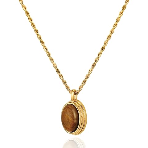 Tiger Eye Necklace for Women Brown Stone Necklace 14K Gold Plated Chunky Statement ...