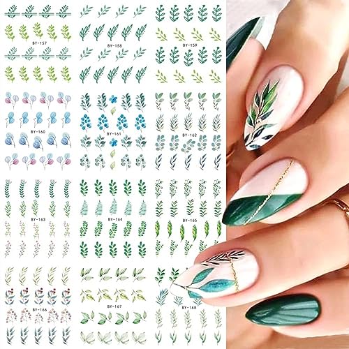 Kryzalite® 12 Blatt Grüne Blatt-Nagelaufkleber, Taugliche Nail Art Aufkleber für Frauen, Grünen Blatt Aufklebern, Wassertransfer Designs, für Nagelkunst-DIY, Nagelstudio