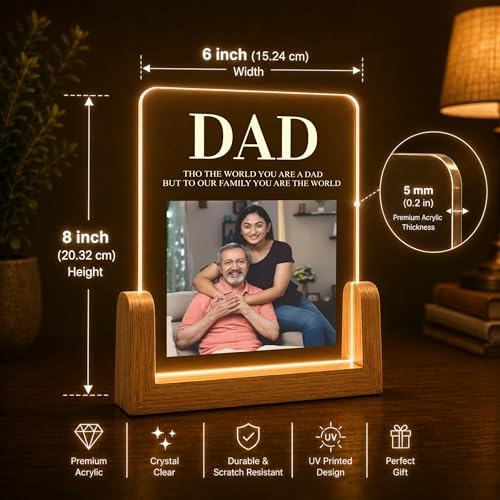 Image of Giftplease Fathers Day Personalized Rectangular Acrylic Wood Tabletop Photo Frame | Warm Led Light Base Custom Single Picture Layout Serif Typography Desktop Night Decor for Dad Papa Husband