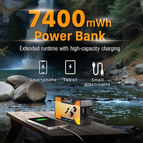 FosPower NOAA Emergency Weather Radio A1 7400mWh Portable Power Bank, AM/FM, USB/Solar/Hand Crank Charging, Battery Operated, SOS Alarm & Flashlight for Indoor/Outdoor Emergency - Orange - Image 5