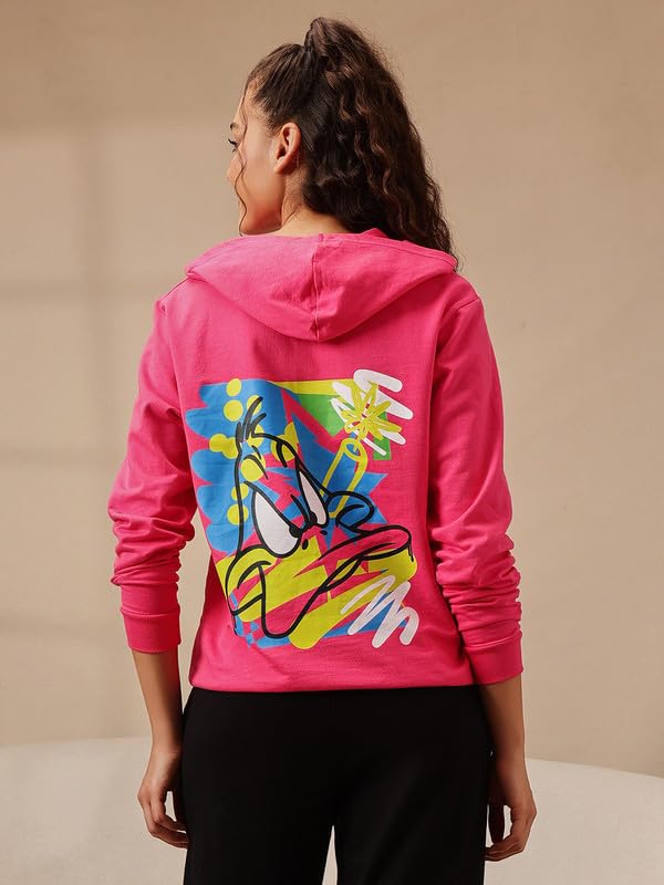 Image of Clovia Women's Terry Cotton Sweatshirt with Hoodie in Pink