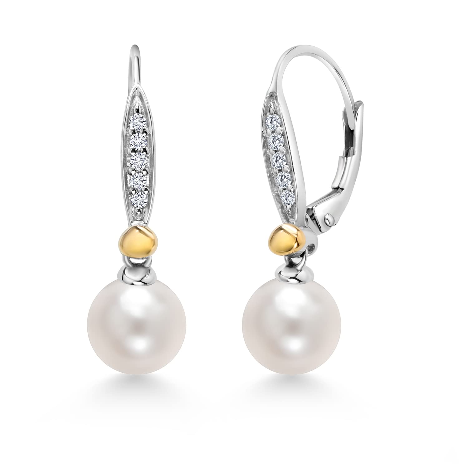 Gem Stone King Cultured Freshwater Pearl and White Lab Grown Diamond Leverback Dangle Earrings For Women 925 Sterling