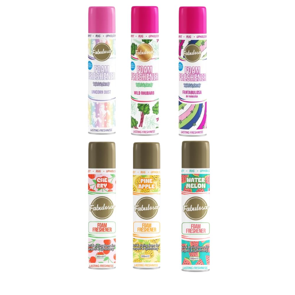 Fabulosa Foam Carpet Freshener Spray Bundle - 6 Piece Wild Rhubarb, Watermelon, Pineapple, Cherry Scents +8 FabFinds Wax