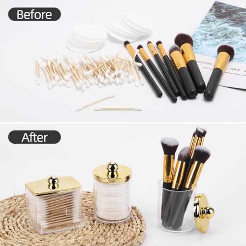 Image of Tbestmax 10oz Cotton Ball Holder 7oz Qtips Dispenser, Bathroom Container Organizer for Storage Cotton Swabs, Pads - Apothecary Jar with Gold Lids