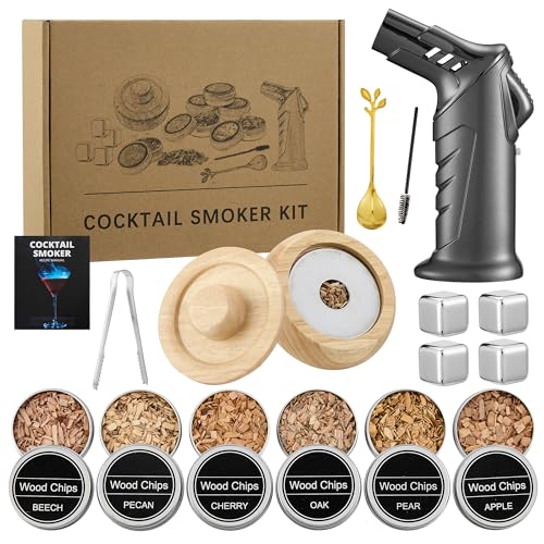 Juego ahumador de cócteles con quemador – Kit de whisky con 6 chips de madera – Accesorios bar, coctelera, regalo original para hombre, papá, marido, amantes del whisky (sin butano)