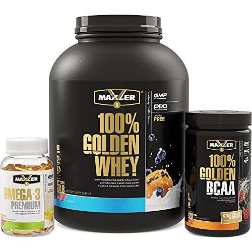 Maxler 100% Golden Whey 5 lb (Blueberry Muffin) & 100% Golden BCAA 420 g (Strawberry) & Omega-3 Premium Bundle