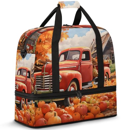 Large Weekender Overnight Bags Fall Pumpkin Truck Travel Duffel Bag for Women Men Gym Bag With Shoe Compartment Foldie Travel Tote Bag Carry On Personal Item Bag for Travel Gym Sports