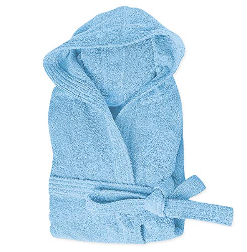 emmevi Bademantel aus Frottee, 100 % Baumwolle, einfarbig, weich, für Herren und Damen, Gürtel, Kapuze, S M L XL XXL, Modell: Bademantel, Frottee, hellblau, XXL Cover