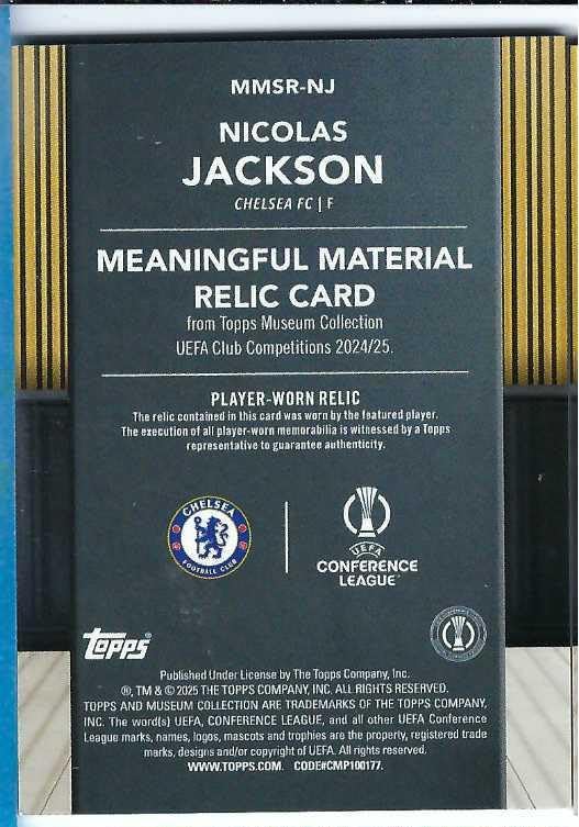NICOLAS JACKSON 2024-25 Topps Museum Collection UEFA Club Competitions Soccer Meaningful Materials #MMSR-NJ AQUAMARINE PARALLEL Player-Worn Relic Card #060 of only 199 Made! Chelsea FC Senegal