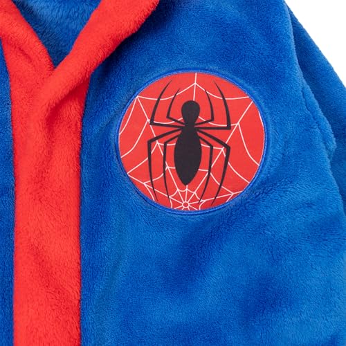 Spiderman Bademantel Kinder Jungen Fleece, Spidermann Morgenmantel Kinder mit Kapuze (DE/NL/SE/PL, Numerisch, 140, Regular, Blau-Rot)