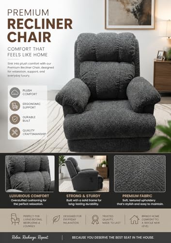 Image of Recliner Chair for Living Room | Comfortable Upholstered Single Seater Sofa with Ergonomic Backrest, Plush Armrests, Spacious Seat and Wooden Frame | Modern Recliner for Bedroom