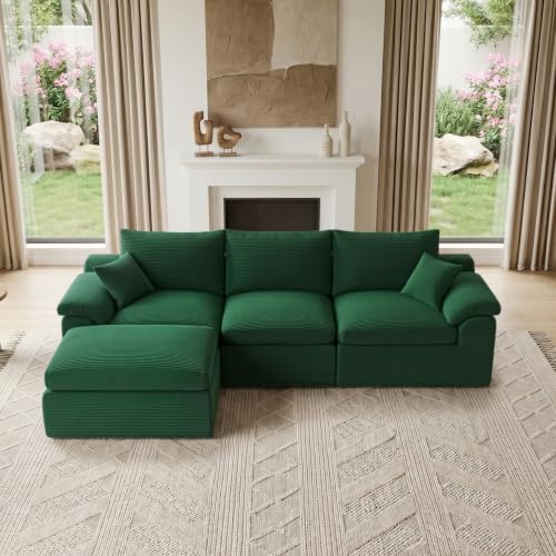 Image of Cloud Sectional Couch, Boneless Couches for Living Room, Green | L shaped, Modular Sectional Sofa with Deep Seat & Convertible Ottoman, Built for Family Life, Apartments & Living Rooms