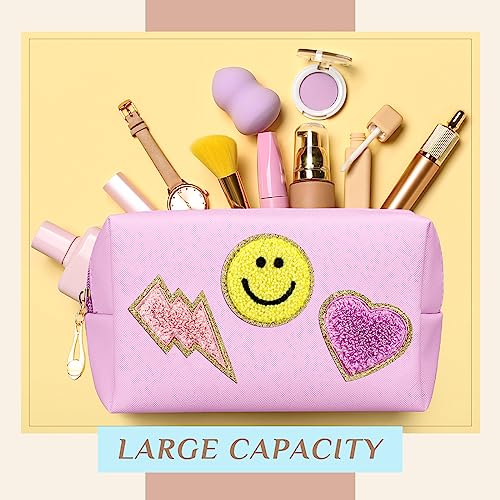 Silkfly 15 Pcs Preppy Patch Makeup Bag Bulk End of the Year Teacher Gifts Bulk Cosmetic Toiletry Bag Smile Lightning Heart PU Leather Portable Waterproof Makeup Cosmetic Purse for Women(Colorful)4