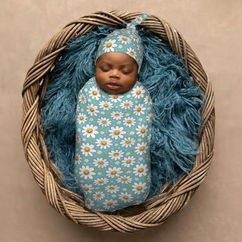 Image of Kawaii Happy Daisies Pattern Newborn Swaddle Blankets Hat Sets Soft Baby Receiving Blanket Swaddle Sack for Baby Shower Infant Boy Girl Gift
