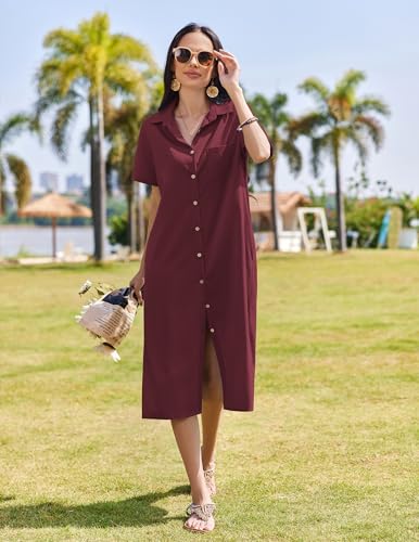 Image of HOTOUCH Womens Dress Summer Casual Midi Short Sleeve Button Down Shirt Dresses Loose Beach Cover Up with Pockets