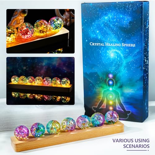 Set of 7 Crystal Balls Night Light Decor Healing Spheres with LED Wooden Stand for Meditation Energy Balancing Home Office Decoration for Women/Mom