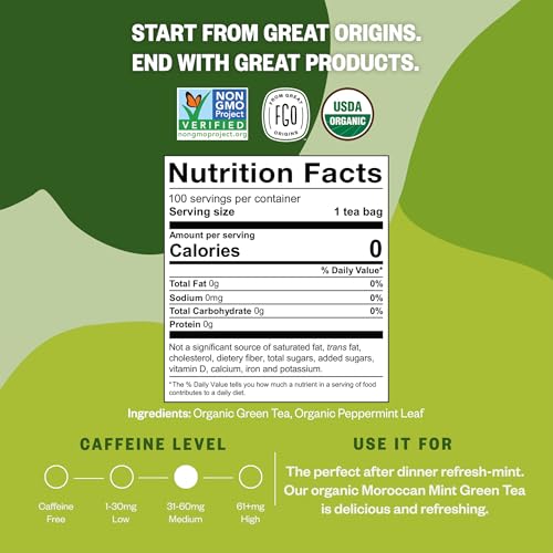 Image of FGO Organic Moroccan Mint Green Tea, 100 Count, Eco-Conscious Tea Bags, Resealable Bag, Packaging May Vary (Pack of 1)