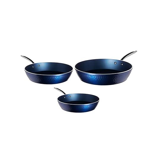 OrGREENiC Ceramic Pans for Cooking - 3 Piece Cookware Set with Lids, Blue Hammered Design Lightweight & Durable Non Stick Frying Pans for Effortless Cooking on All Stove Tops, For Oven Use up to 500°F