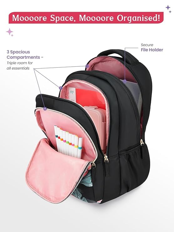 Image of Genie Aurela School Backpack For Girls |19 Inch-36 Litres With Three Compartments, Light Weight with Padded Shoulders |Best for Books, Water Bottles, Stationery, Lunch Box & Essentials - Black