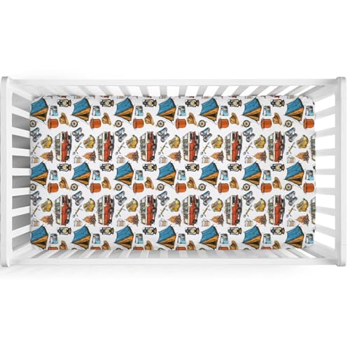 Image of Vintage Camping Hiking Baby Crib Sheet 52''x28'' Outdoor Camp Snug Fitted Crib Mattress Cover for Boy Girl Campfire Soft Nursery Baby Bed Sheet for Standard Crib and Toddler Mattresses