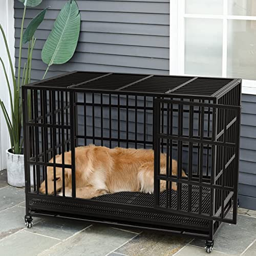 Lemberi 48/38 Inch Heavy Duty Indestructible Dog Crate, Escape Proof Dog Cage Kennel With Lockable Wheels,High Anxiety Double Door Dog Crate,Extra Large Crate Indoor For Large Dog With Removable Tray #TOP7