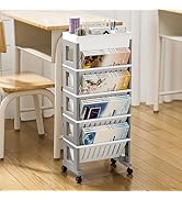 5 Tier Book Rack Storage Bookshelf, Removable Movable Unique Bookcase, Rolling Book Cart with Whe...