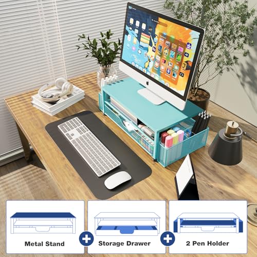Image of OPNICE Desk Organizer and Accessories, 2-Tier Computer Monitor Stand Riser with Drawer and 2 Pen Holders, Laptop Stand, Office Desk Accessories for Office Supplies, 1 Pack, Teal Blue