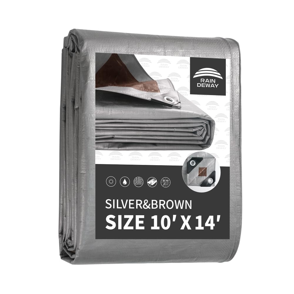 RAINDEWAY Tarps Heavy Duty Waterproof 10x14 Feet, 10Mil Multipurpose Poly Tarp Cover with Metal Grommets and Reinforced Edges, Silver/Brown Tarp by RAINDEWAY