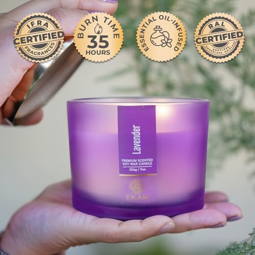 Image of EKAM 3 Wick Soy Wax Scented Candle | Lavender Fragrance | 35 Hr Burn | Long Lasting Premium Jar Candle for Home Decor, Relaxation & Aromatherapy