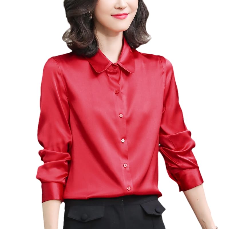 Office Lady Blouse en Satin de Soie véritable – Chemise de Travail Unie avec col Rabattu et Manches Longues (Rouge L)