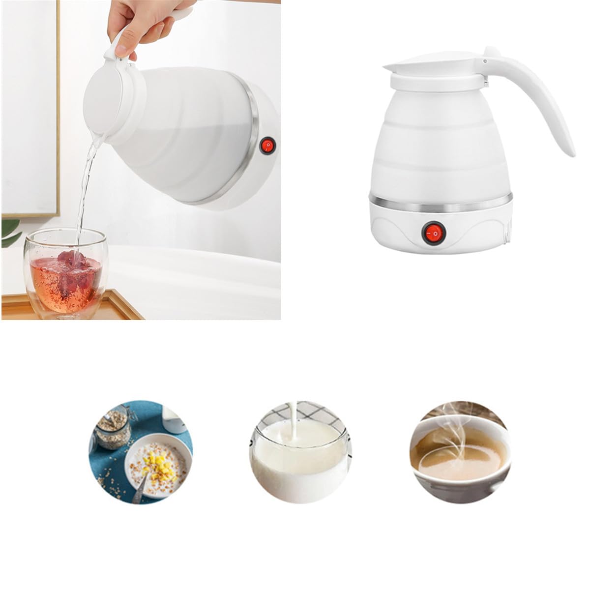 Hervidor eléctrico plegable de viaje, caldera de agua plegable de silicona, tetera portátil para café, olla de hervir agua rápida con cable de alimentación separable 110 V (blanco) 6
