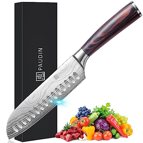 PAUDIN Santoku Knife – 7 Inch Chopping Knife, Ultra Sharp Kitchen Knife - Forged High Carbon German Stainless Steel, Chef Knife with Ergonomic Handle Design, Gifts for Women and Men PAUDIN Santoku Knife – 7 Inch Chopping Knife, Ultra Sharp Kitchen Knife - Forged High Carbon German Stainless Steel, Chef Knife with Ergonomic Handle Design, Gifts for Women and Men
